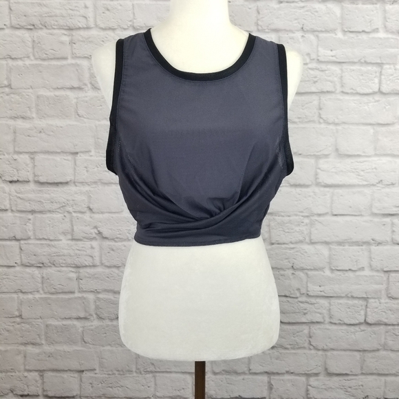 Fabletics sheer dark gray wrap around sleeveless open back scoop neck top Sz XL - Picture 3 of 11